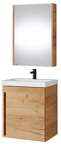 Planetmöbel Waschtisch mit Unterschrank 50 cm inkl. Spiegelschrank 50cm, Badmöbel Set mit Waschbecken, hängend, Gold Eiche