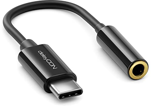 deleyCON 10cm Adaptador de Auriculares USB-C a Jack 3,5mm AUX - Compatible con Apple Samsung Google Huawei Xiaomi Smartphone Teléfono Tablet Portátil PC Surface Auriculares Altavoces - Negro