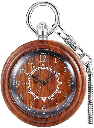 Tiong Vintage Wooden Quartz Pocket Watch Handmade Bamboo Wood Antique Pocket Watches with Chain Men's Pendant & Gift Box