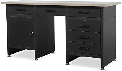 Jan Nowak Werkbank mit Arbeitsplatte Werktisch mit 6 Schubladen Schließfach Verstellbare Füße MDF-Arbeitsplatte Belastbar bis 500 kg Metall 170 cm x 60 cm x 85 cm Schwarz