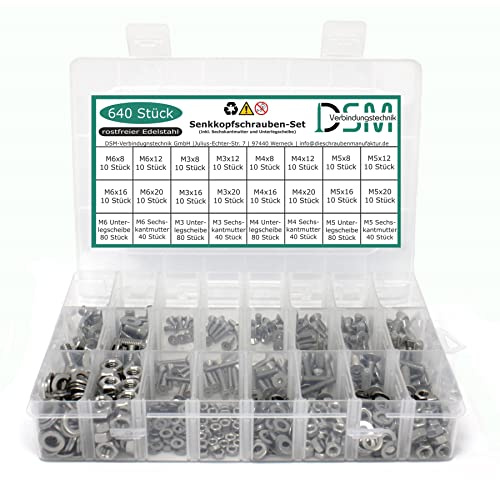 DSM – 640 teiliges Set Senkkopfschrauben M3-M6 – ISO 10642 – Innensechskant | Edelstahl A2 metrische Schrauben – Vollgewinde [TrueSpec Präzision] Inbusschrauben Maschinenschrauben Gewindeschrauben