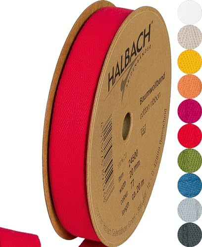 Halbach Baumwollband, 20 mm x 20 m, rot | Webband aus 100 % Baumwolle, Meterware zum Basteln, Dekorieren und Nähen