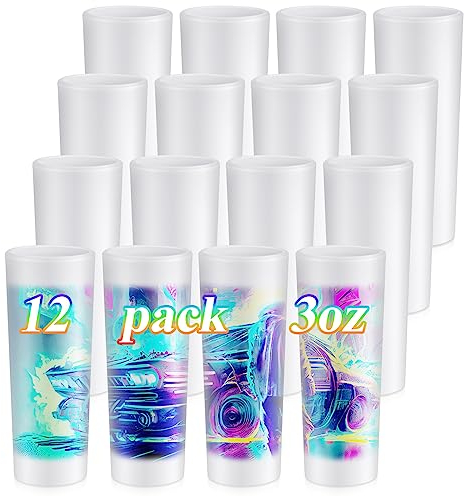 Hsei 12 bicchieri da shot in vetro smerigliato a sublimazione da 85 g, tazze in vetro a sublimazione personalizzate con base pesante per vino, birra, vodka, whisky, espresso