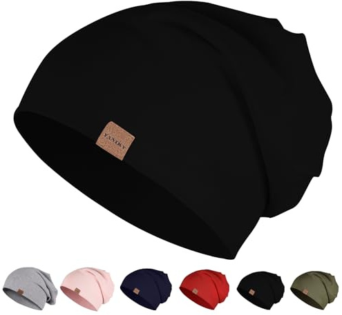 YANIKY mössa män kvinnor, slouch beanie mössa bomull, tunn lätt mössa, mjuk kemomössa, vindtät jersey lång beanie för alla årstider, svart, one size