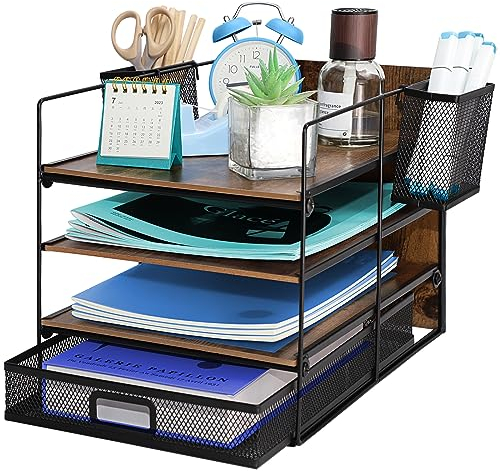 Briefablage für Büro, Dokumentenablage mit Stifthalter, 4-Fach Schreibtisch Organizer Metall, Papierablage Mesh, Ablagefächer Stapelbar, Briefschublade, Büro Organizer, Papierablagefach