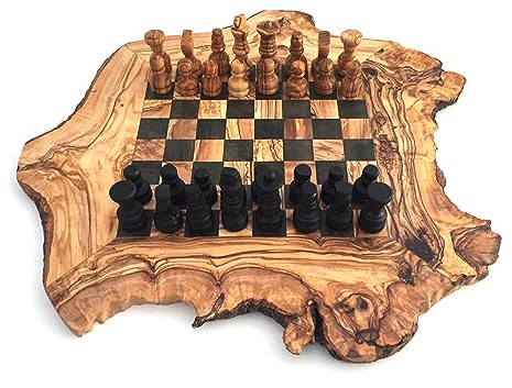 Schachbrett rustikal Größe wählbar S/M/L/XL inklusive 32 Schachfiguren Schachspiel handgemacht aus Olivenholz, Geschenidee (L)