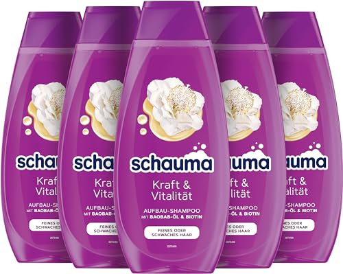Schauma Schwarzkopf Aufbau-Shampoo Kraft & Vitalität (5x 400 ml), Haarshampoo kräftigt die Haarstruktur, Aufbau-Shampoo für feines oder schwaches Haar, mit Baobab-Öl & Biotin