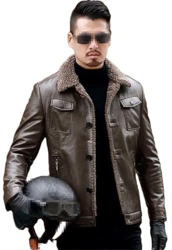 Herbst Winter Männer Echtes Schaffell Leder Jacken Fleece Motorrad Jacke Mäntel, dunkelbraun, XL