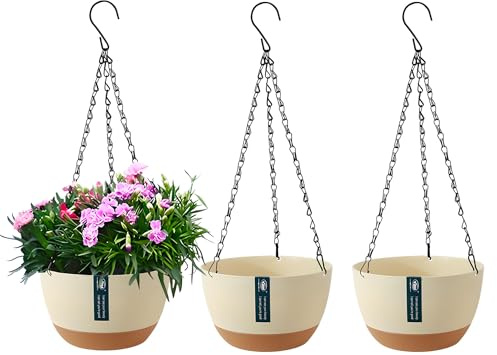 YuanDiann 3er Pack Hängende Blumentöpfe mit abnehmbarem Tablett, Selbstabsorbierende Hängepflanze Blumentopfkorb aus Kunststoff Außen Innen Blumenampel Haus Garten Balkon Dekoration Beige 20.5cm