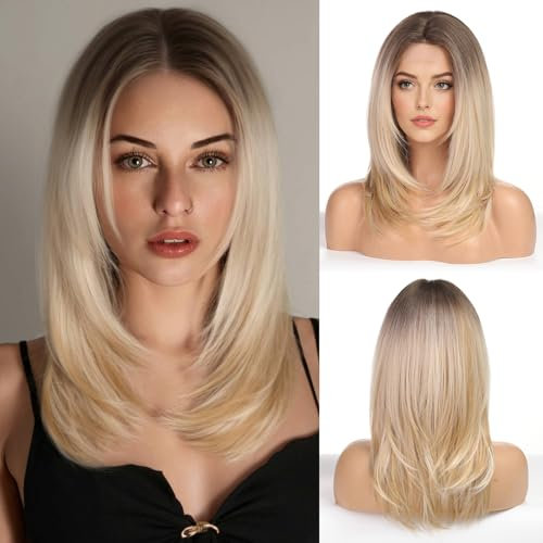WOKESTAR Layered Straight Blonde mit mit Dunklem Haaransatz Perücken für Frauen, hitzebeständige Perücke mit Fransen für den täglichen Gebrauch