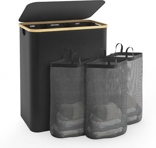 Bathola Wäschekorb mit Deckel 160L, Große Wäschesortierer 3 Fächern, Schwarz