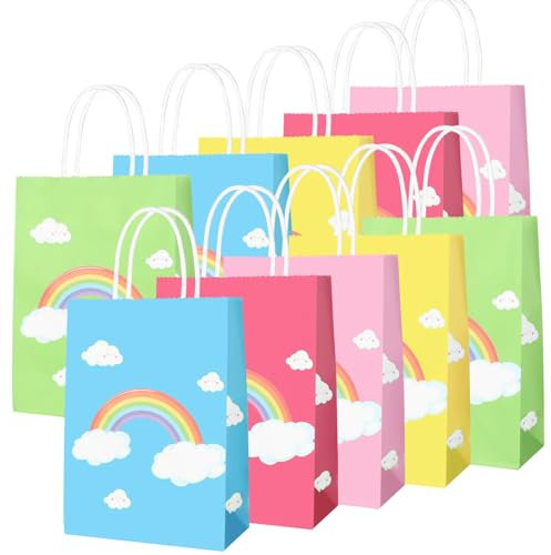 GOTFUN Geschenke Tüten Kindergeburtstag, 10 Stück Partybeutel mit Griff Bunte Regenbogen Goodie Bags 22x16x8cm Geburtstagstüte für Kinderparty, Hochzeit, Baby Shower (5 Farben)