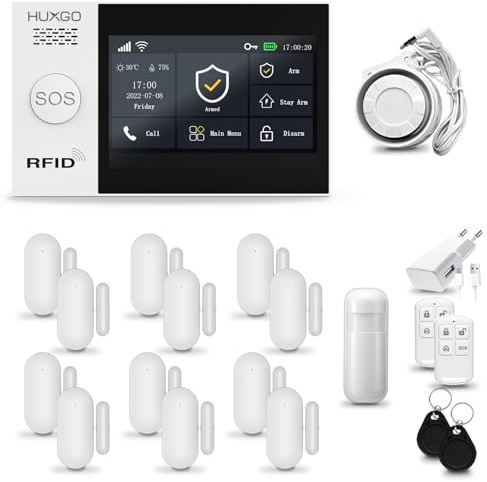 HUXGO® HXA007 Funk Alarmanlage Set WiFi + GSM mit Sirene | Alarm System mit Bewegungsmelder, 12x Tür- Fenstersensor, Fernbedienung | Smart Home Security