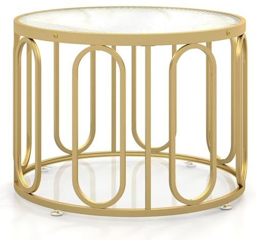 LIFEZEAL Couchtisch Gold, Wohnzimmertisch aus Glas & Metall, Runder Kaffeetisch mit 2 Ebenen, Abnehmbarer Rahmen, Glastisch Modern in Variabler Form, bis 30 kg, Ø60,5 x 44,5 cm