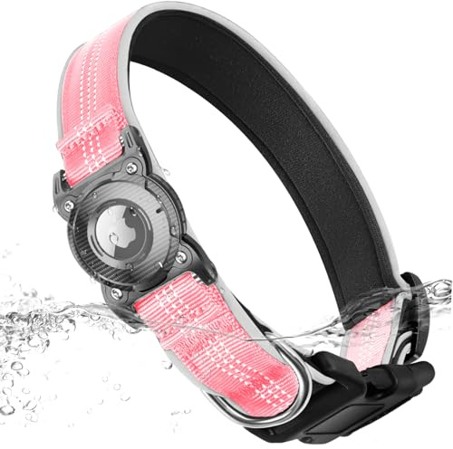 ONEONTA Airtag Hundehalsband Wasserdicht | Hund Anhänger Mit Abnehmbarer Metallschlaufe, Weich Gepolstertes Neopren Nylon, Reflektierend, Verstellbar für Hunde, Rosa, S