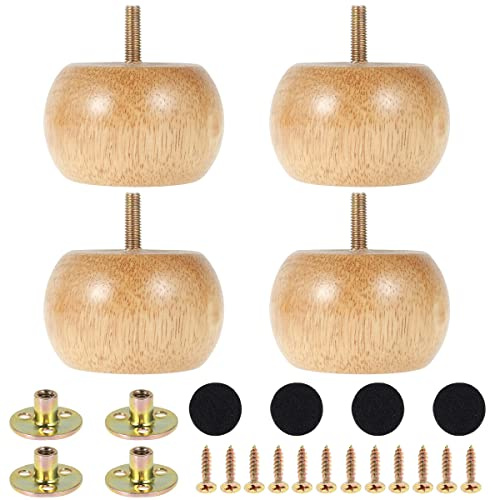 NIHUIFDPY 4pcs Wood Furniture Legs, 8x5cm Solid Round Bun Feet with Mounting Plates & Screws, DIY Furniture Bun Feet Replacement Set for Sofa Cabinet Chair Couch Ottoman
