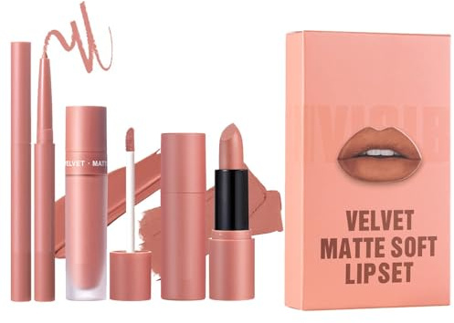 Set Trucco Labbra E Rossetto Color Carne Opaca, Rossetto Liquido Opaco/rossetto Con Labbra Nude Ad Alto Pigmento E Matita Per Labbra, Trucco Colore Labbra Liscio, Set Di Matite Labbra