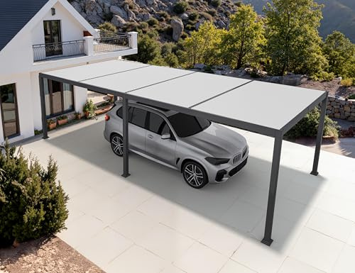 PURPLE LEAF Pergola 3.45 x 8.3 m Wasserdicht Stabil Winterfest Alu Pergola Freistehend mit Lamellendach Terrassenüberdachung mit Alu-Lamellen für Partyzelt, Grauer Rahmen und Weißes Dach