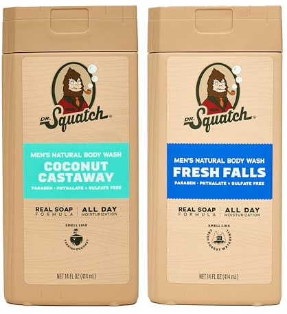 Dr. Squatch Natural Men's Body Wash Shower Gel - Cleansing, Nourishing, Long Lasting Scent, Moisturizing Body Wash for Men - Fresh Falls + Coconut Castaway (14 oz, 2-Pack)