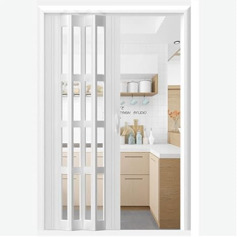 Accordion Doors For Doorway/Closet/Kitchen, Sliding Folding Doors For Interior Home, 48 30 24 36 80 42 38in Aluminum Frame & PVC Acrylic Concertina Room Divider Screen Door For Bedroom Living Room(Whi