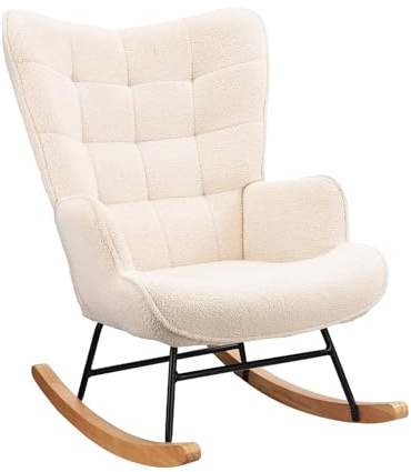 Mutuolux Fauteuil à Bascule Fauteuil Allaitement Rocking Chair Moderne en Tissu Effet Laine Teddy avec Pieds en Bois Massif d'hévéa, Chaise à Bascule pour Chambre, Salon - 53 x 75 x 93 cm