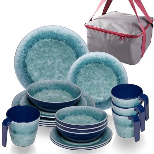 Melamin Geschirr Set Adria Blue für 4 Personen - 17 Teile Blau - mit Tassen und Aufbewahrungstasche Steingutoptik Spülmaschinengeeignet - Essgeschirr Campingzubehör Campinggeschirr Wohnwagen Camping