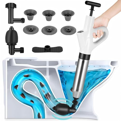 Toilet Plunger Unblocker Heavy Duty,Toilet Plunger With 5 Replaceable Heads,Visual Barometer,Splash-Proof Design,High Pressure Toilet Unblocker For Toilet,Kitchen,Bathroom,Sink,Floor Drain,Pipe Clog
