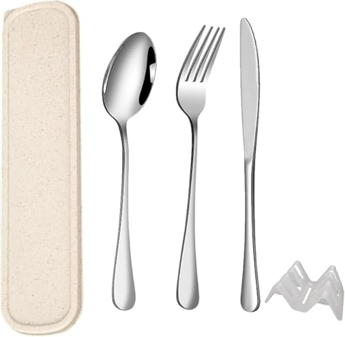 QZLSAYSL Couverts Lunch Box de Camping, 5 Pièces en Acier Inoxydable, Étui Renforcé avec Boucle, Couvert de Voyage pour le Travail et l'École, Lavable au Lave-Vaisselle (Beige)