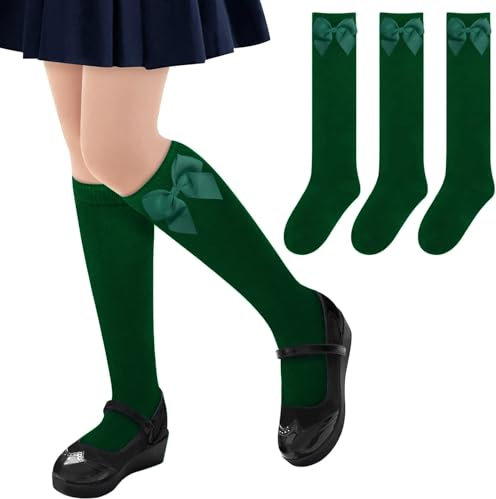 Calcetines Altos Escolares con Lazo para Niñas, Medias Largas de 78% Algodón para Uniforme y Deporte, 3 pares (FR/ES, Números, 27, 31, Verde)