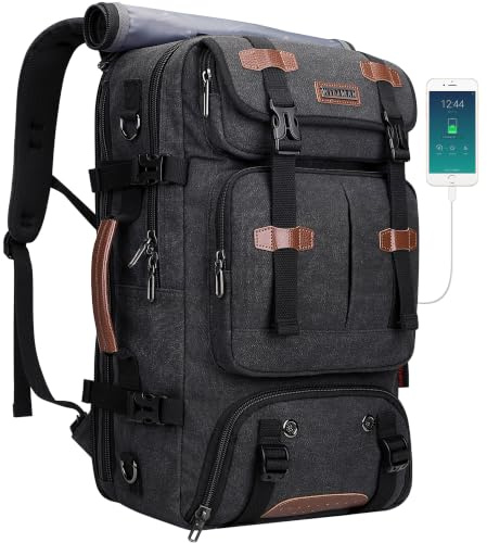 WITZMAN Travel Backpack for Men 45L Large Carry-on Airline Approved | Canvas 3 in 1 Duffle Luggage Bag Fits 16“ Laptop, Shoe Compartment, For Weekend Getaway, Overnight Trip, A8013 Black