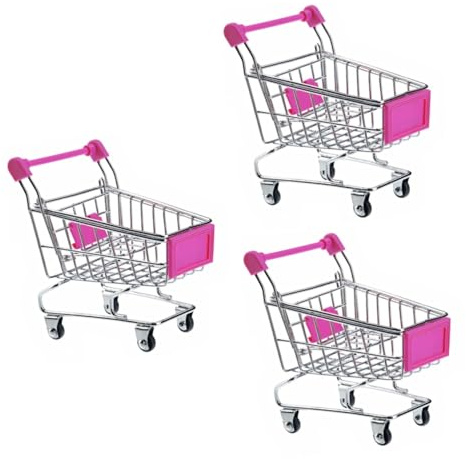 BESTonZON 3pcs Mini Shopping Cart Shaped Desktop Organizer Basket Rosy Metal and Hard Plastic Storage Box for Pens Cosmetics Cellphones and Gadgets Compact Table Decoration
