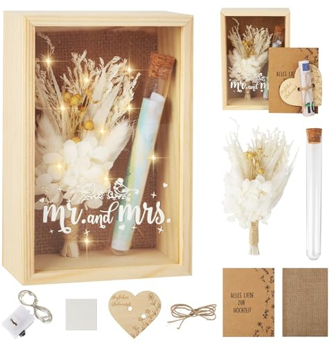 Hochzeitsgeschenke für Brautpaare,Geldgeschenk Hochzeit,Mr und Mrs Geschenkbox inklusive Getrocknete Blumen,Holzbox,Kunststoff Reagenzglas,Lichterketten,Liebe Holz,Grußkarte,0.5m Seil,Kreatives
