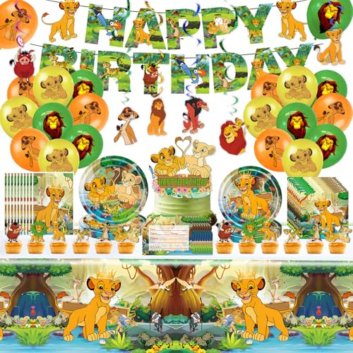 112 PCS Lion King Birthday Decorations, Party Decorations Party Supplies Paper Plates Cups Napkins Tablecloth Balloons, Kids Tableware Set for 10 Guests