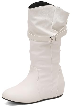 Lizoleor Classique Augmentation A Enfiler Femme Bottes Mi-Mollet Solid Color Bout Rond Boucle Compensées Bottes Slouch Blanc Taille 38 EU/39Cn