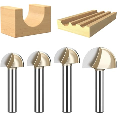 HUHAO Cove Box Router Bit Set 1/4 Shank 5/8 3/4 7/8 1 Cutting Dia,2 Flutes Carbide Tipped Router Bit,Round Nose Cutter for Wood Roundnose/Roundover Grooving,Veining,Engraving,Plunging