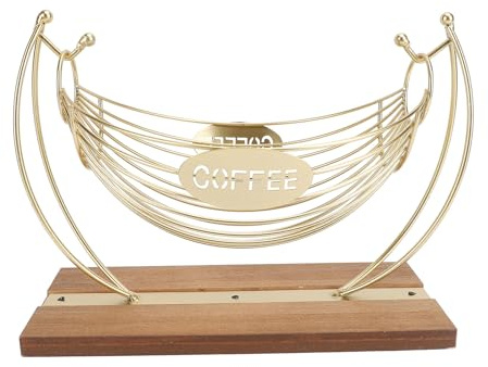 Support de dosettes de café, panier de rangement de capsules de café en hamac en fer, organisateur de comptoir de bar avec base en bois stable, large ouverture pour 18 capsules,