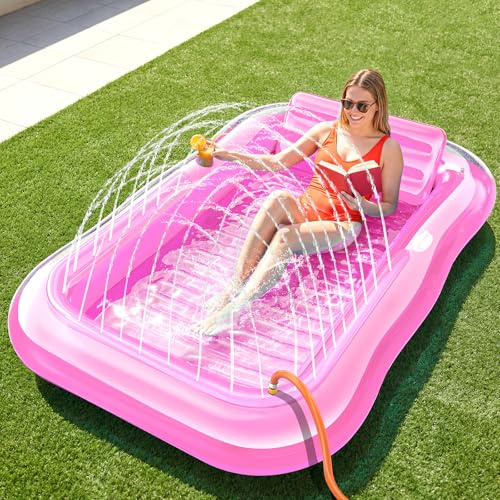 Inflatable Tanning Pool Lounger Float with Sprinkler, 77 x 48 XL Tanning Pool for Adults with Pillow & Cup Holder, 6 in 1 Suntan Tub Sunbathing Bed Pool Floats Adult for Backyard, Beach & Lake