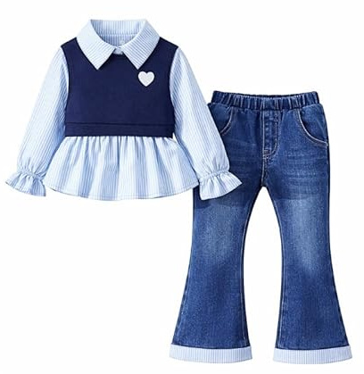 OrJana Completo Bambina 2 Pezzi Primavera Autunno, Camicetta a Righe con Gilet Cuore e Jeans a Zampa, Stile Preppy (navy, 5-6 anni)