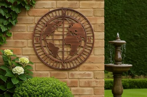 Handmade Metal Wall Art, Bronze World Map Compass Design, 60cm Round Garden and Home Décor, Powder Coated Finish