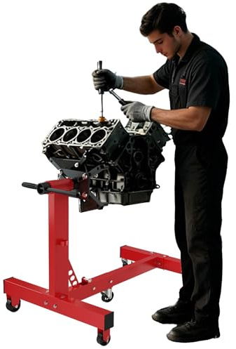HENGMEI Soporte para motor de hasta 680 kg, elevador de engranajes, de acero lacado, soporte para engranajes con ruedas, giratorio 360°, soporte para garajes y talleres, color rojo