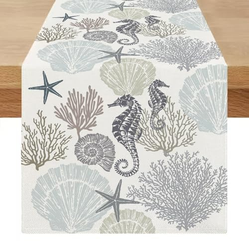 Miuyunya Tischläufer Modern 40x100 Outdoor Sommer Tisch Läufer Blau Grün Wetterfest Seepferdchen Abwaschbar Landhausstil Leinenoptik Tischdecke Kurz für Frühling Hochzeit Party Küche Tischdeko