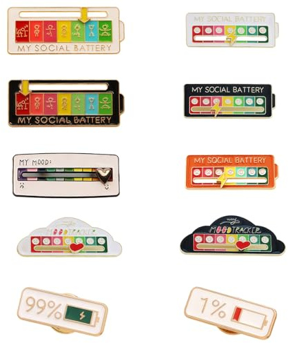 Zueyen 10 Stück Social Battery Pins, Mood Tracker Pin mit Schieberegler, Interaktive Stimmungsnadeln, Anstecker, Stimmung Brosche für Kleidung Taschen Jacken Hut