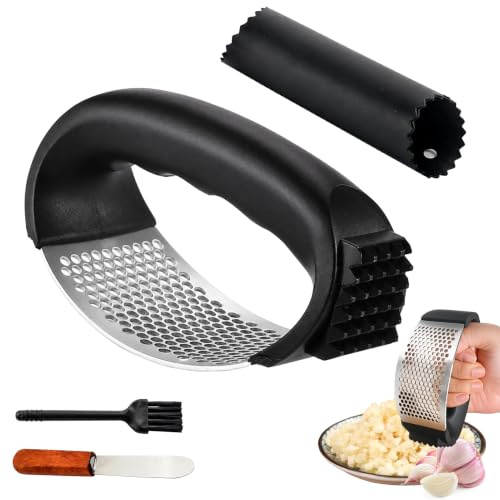 LgCiXli Spremiaglio in acciaio inox | bilanciere ergonomico per pressare senza sforzo | lavabile in lavastoviglie 304 qualità professionale | incluso pelapatate in silicone e spazzola per la pulizia