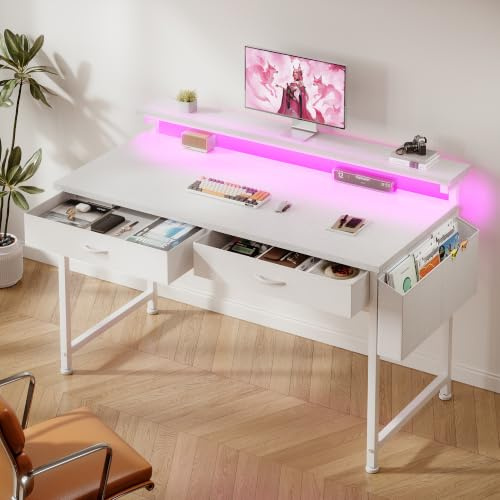 Klyvvo Escritorio con Luces LED y 2 Cajones, 100x50 cm Mesa Gaming con Soporte para Ganchoy Bolsa Lateral, Escritorio RGB con Gancho para Oficina en Casa, Oficina y Habitación Juvenil, Blanco