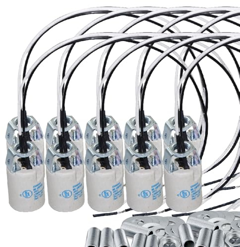 E12 Socket,Ceramic Chandelier Socket E12 Bulb Lamp Holder,Light Socket with Wire Lead for E12 Incandescent LED Light Bulb (10-Pack)