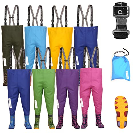 3Kamido Kinderwathose, Jugendliche Kinder Brust Wathose - 10 Modelle, verstellbare Taille, strapazierfähige Hosenträger, Schnalle Nexus, Kinder Angeln Stiefel 20 – 35 EU (Enten Blau, 22/23)