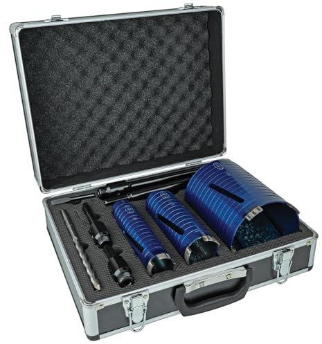 Mexco DCXCEL Slotted Dry Core Drill, High-Performance, Laser-Welded Diamond Core for Fast Drilling of Masonry Materials – 38mm - 127mm, 9 Piece Kit with Storage Case