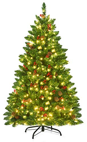 COSTWAY Árbol de Navidad con Luces Incorporadas 135cm, 32 Piñas y 32 Frutos Rojos, 300 Luces LED de Blanco Cálido, Christmas Tree with Lights, Agujas de PVC 516 Puntas (135 cm)