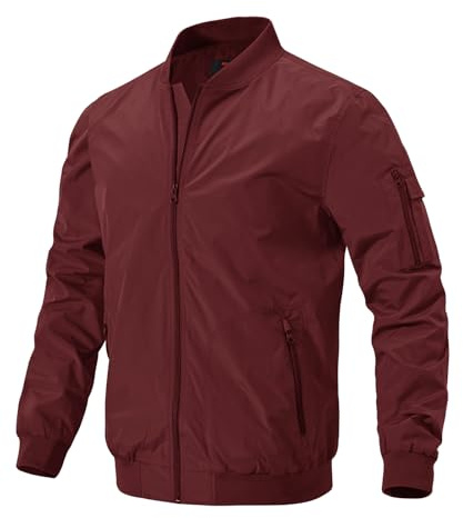 Donhobo, giacca leggera a vento da uomo, per la mezza stagione, giacca bomber primaverile, autunno, aviatore, colletto alto, baseball con tasche con chiusura lampo Colore: rosso M