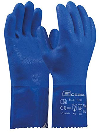 Gebol Blue Tech, 1 paio di guanti lunghi in gomma PVC con maglia di cotone, resistenti agli agenti chimici, resistenti agli acidi e all'olio, impermeabili, misura 10, colore: blu